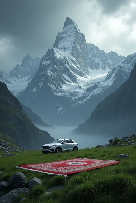 Realistic photo,very high mountain,islamic praying mat,green grass,white car,raining ice,dark day