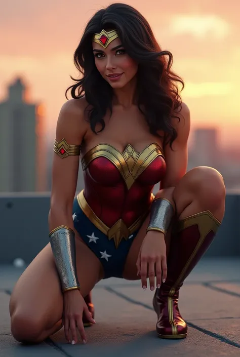 (Wonder Woman) ass, squatting,  outdoor, Evening,  Depth of field, tight skin, rooftop, urban landscape, ass focus, by the ruby,  costume looking to the side , blush, Sonrisa ligera