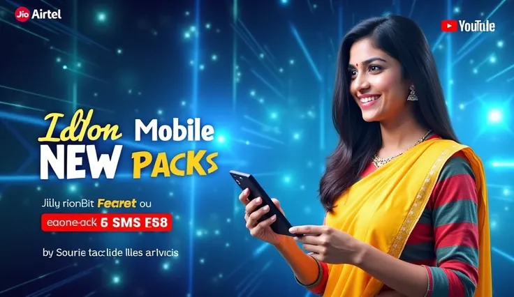 Create a vibrant and eye-catching YouTube thumbnail for a video about new mobile network packs from Jio, Airtel, VI, and BSNL. The thumbnail should attract viewers attention and convey the key information clearly.

Elements to Include:

Background: A dynam...