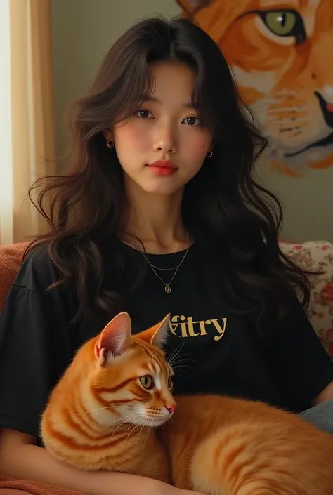 wanita Korea berambut panjang bergelombang, black shirt with the inscription fitry ,  sitting on the couch with an orange cat, tembok bergambar kucing oren, 