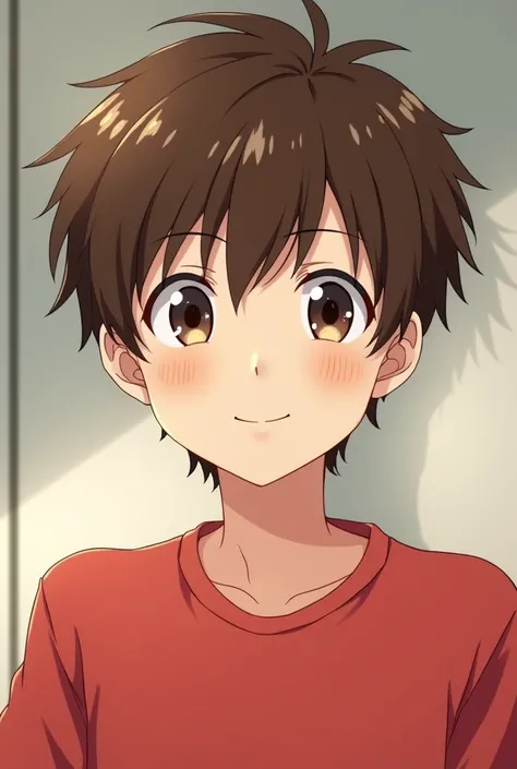 As a teenage boy in a red shirt with brown hair with a slight smile and that the boy is anime