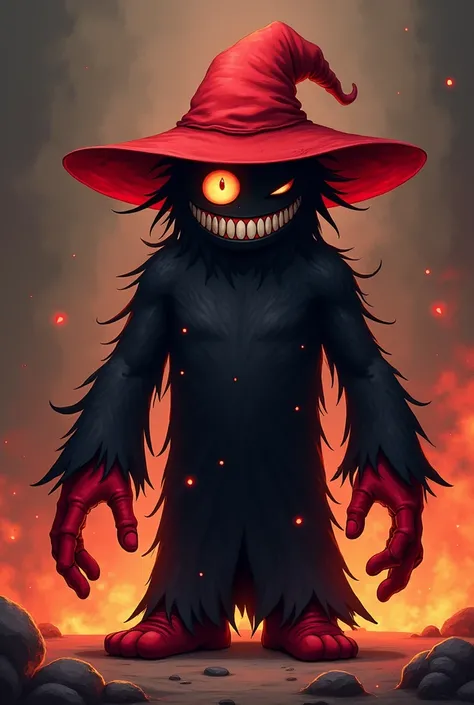  Expunged takes on its final appearance , que es su  true form . He has black skin ,  a red witch hat ,  a single eye on his right ,  sharp teeth , pointed eyebrows,  black shapes that look like sleeves and red hands and feet. Although not much is known ab...