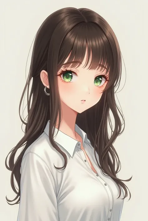 female,  Japanese anime, 20s,  brunette , Long hair,  green eyes, masterpiece,  top grade, High definition, seamlessly,  white shirt, Tidy fashion