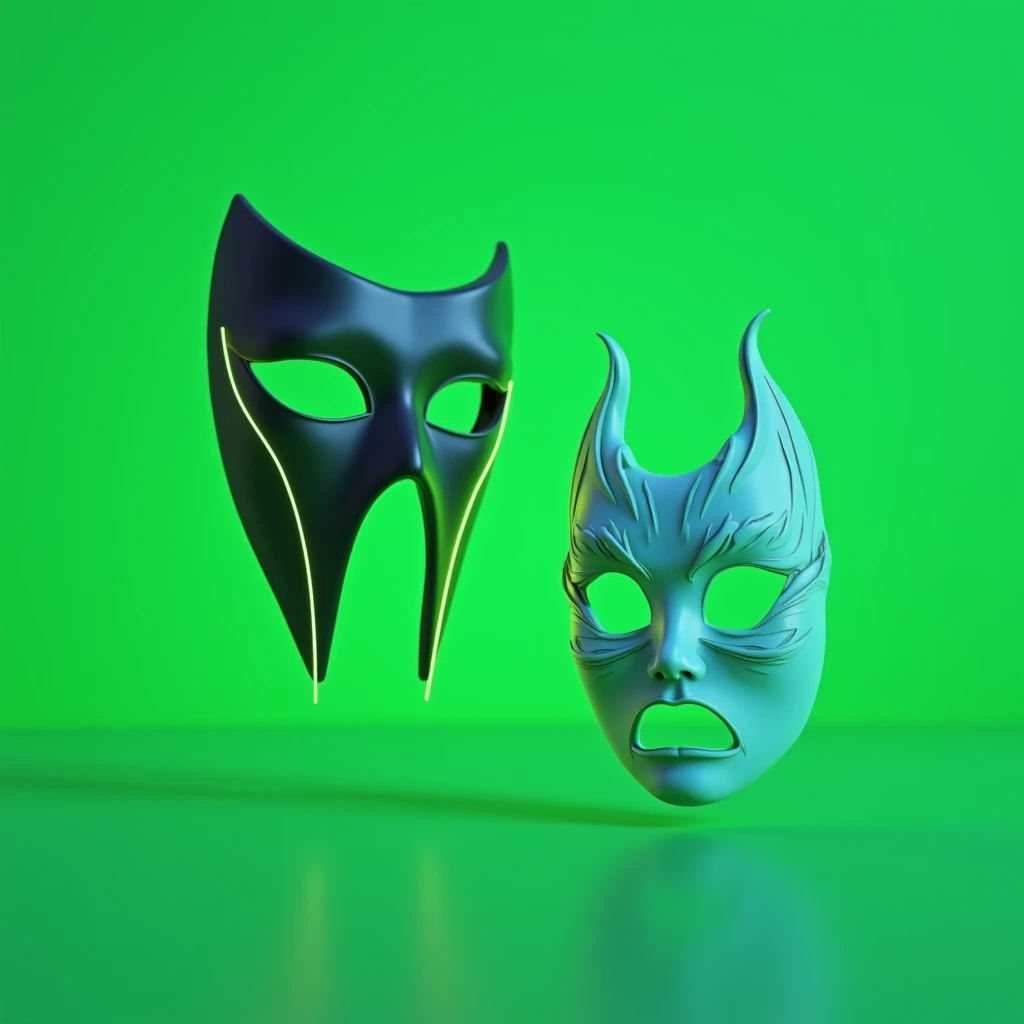 Generate minimalist 3D neon style fancy masks with solid green background