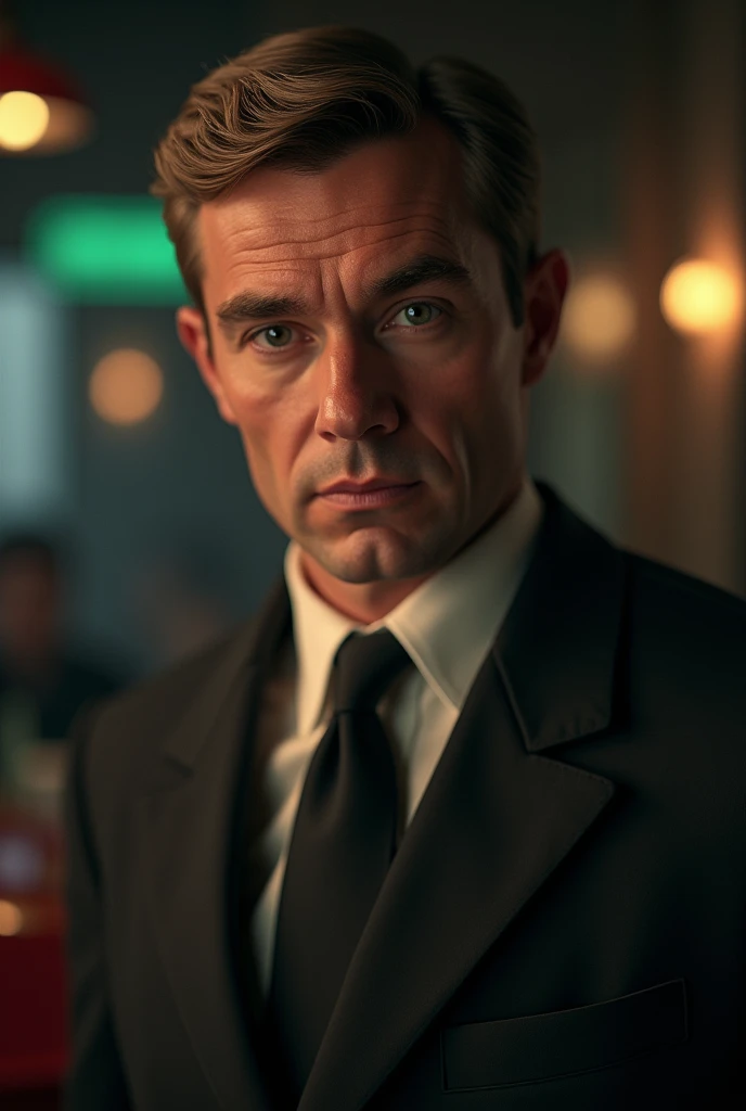 A man from the 1960s , oval and long face, long and thin chin , aquiline nose,  thick eyebrows,  light brown hair ,  he is wearing a suit, Hes a detective, Hyper-realism,  cinematographic lighting 