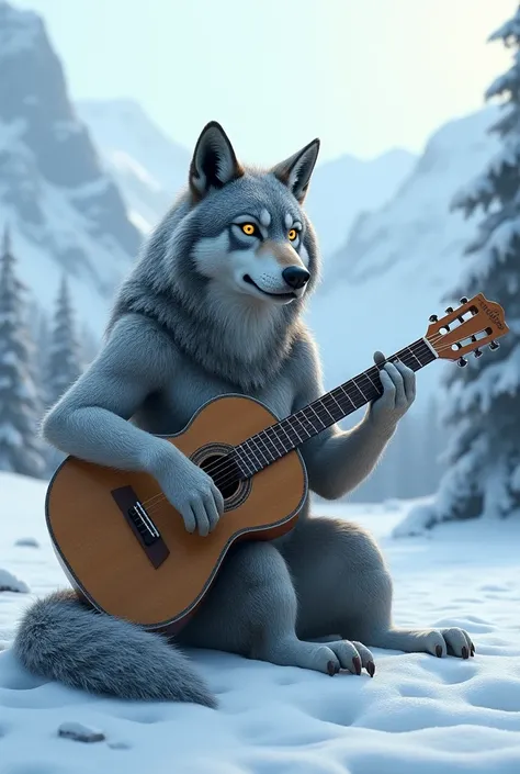 A wolf , Playing the guitar and singing in the snow 