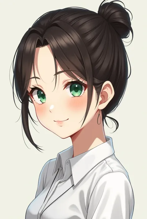 female,  Japanese anime, 20s,  brunette ,  ponytail,  green eyes, masterpiece,  top grade, High definition, seamlessly,  white shirt, Tidy fashion