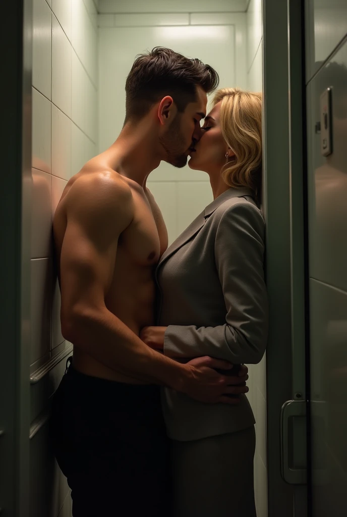  A handsome young man of about 22   , shirtless with a beautiful mature blonde woman in her 40s   ,  dressed in a business dress. in a bathroom cubicle  .    he holds her against the wall with his hands around his waist and they kiss passionately 