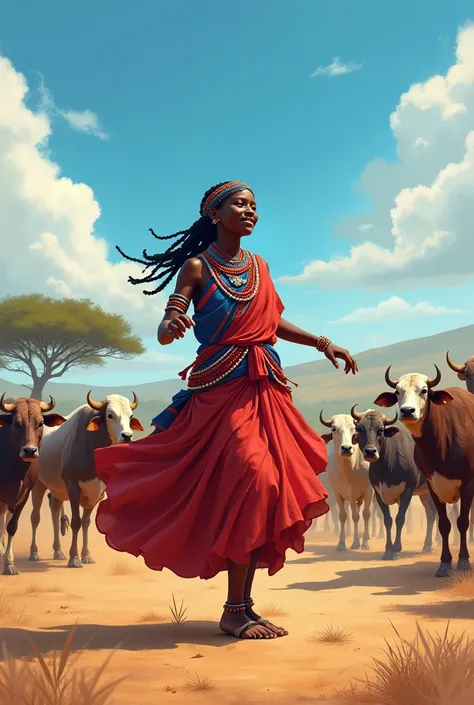 A masaai girl dancing surrounded by cows