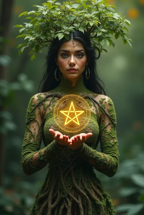  Full-bodied woman ,  facing the spectator, new,  half a tree , Half-human ,  , magic style,  mystical and spiritual .  Devas of nature , Mother Gaya , sacred feminine,  with root details, branches, and leaves. Perfect hands with 5 fingers on each hand ,  ...