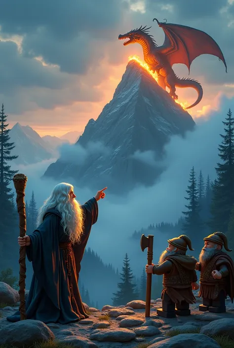 A wizard with a long white beard, dressed in a long robe reaching down to his feet, in his hand he carries a rustic wooden staff braided at the top, points to a group of bearded dwarves dressed in armor and armed with picks and axes in the direction of a p...