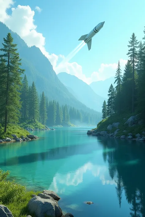 photos of nature with lots of trees next to a crystal clear lake next to which a small white rocket is flying at an angle to the right 