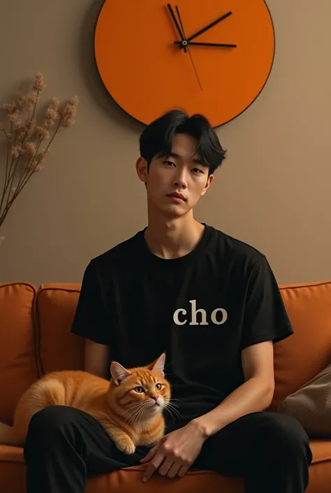 Korean man in black shirt inscribed with cho sitting on sofa with orange cat wearing orange kuring wall clock