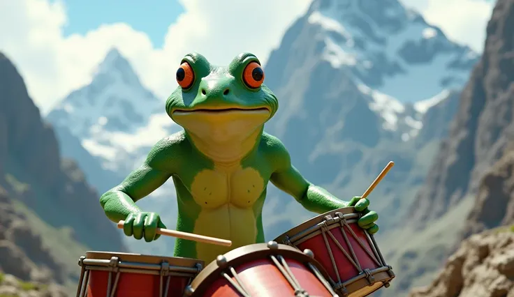 green kurbaga playing drums ,   Mountains in the background  ,  ultra realistic high definition 