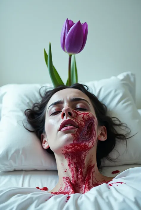 Cutted woman head with bloody skin on the white pillow on the background and the head of a purple tulip at the middle