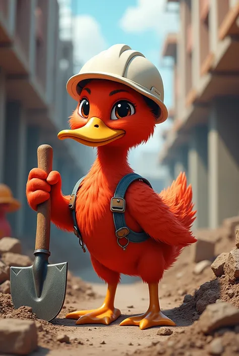  RED AND WHITE DUCK,  CONSTRUCTION BUILDER , A SHOVEL AND A HELMET 