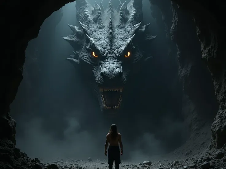 a man in front of a dragons head ,  the dragons head is 4 times the size of a man, The dragon is black ,  they are inside a cave ,  you can only see the dragons head , Everything else is dark ,  the dragons badaza is wider and with large fangs, with gold-c...