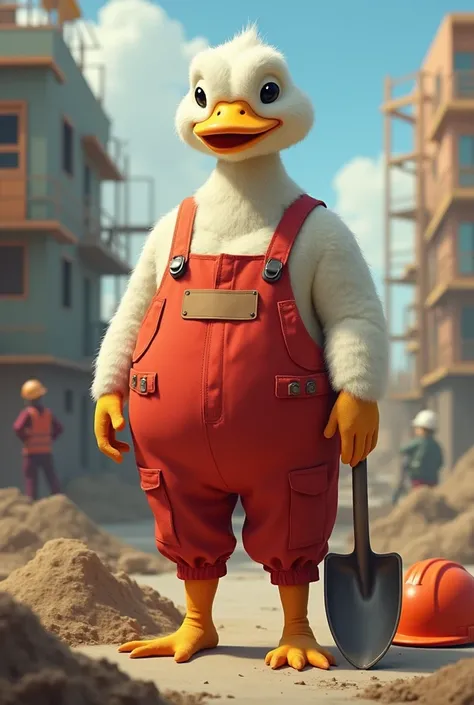 DUCK MAN RED AND WHITE,  CONSTRUCTION BUILDER , A SHOVEL AND A HELMET 