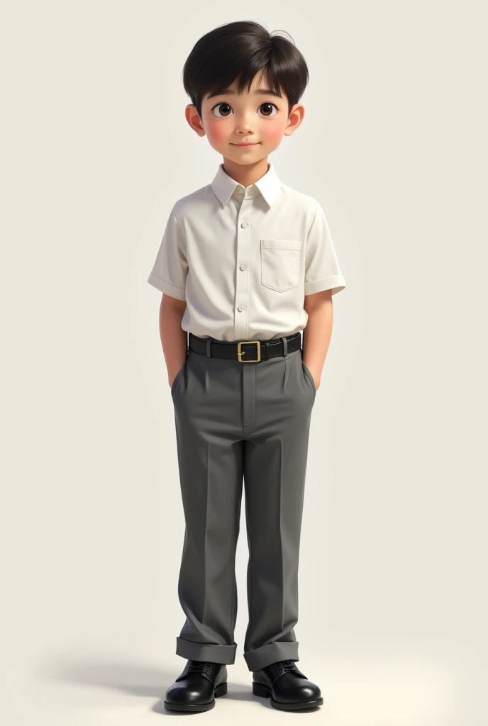 Generate an image of a boy wearing a gray trouser uniform and a white shirt .  black shoes