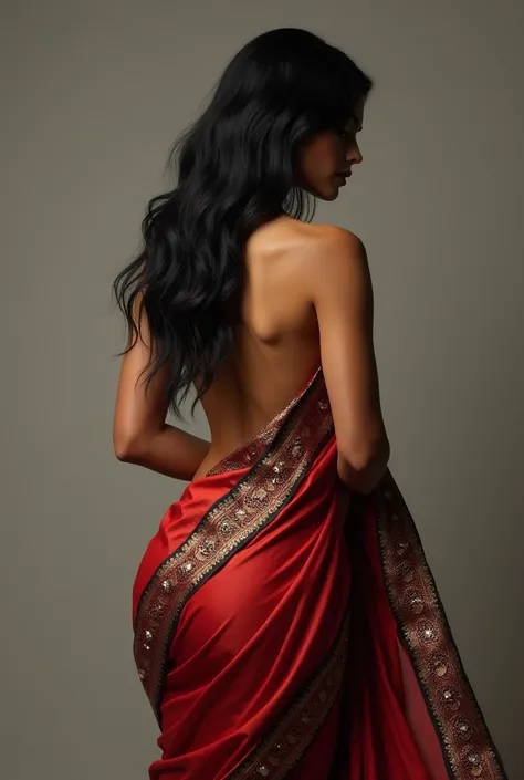 Hot indian female showing her butt from back side her skin is white colour wearing saree, red black saree