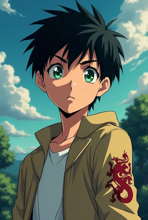  Screenshot drawn in the anime style of the 2000s of a 16-year-old fair-skinned teenager with black hair, green eyes with a dragon mark on his arm 