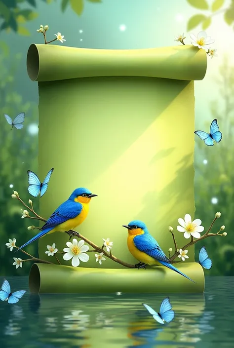 Generate a dreamy, magical scene featuring a vibrant green stylish and modern parchment scroll set against a serene dawn  sky. The backdrop is lush green. At the base of the scroll, two vibrant blue and yellow birds perch on delicate flowering branches. Su...