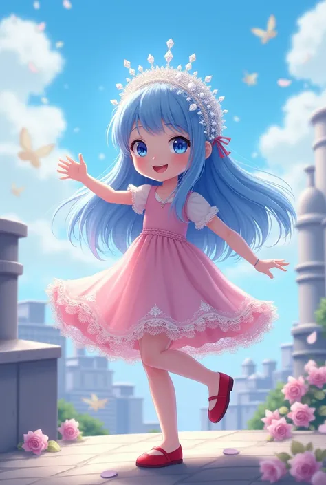 A small girl  long blue hair, blue eyes,wearing a pink dress, red shoes and  attached  to her hair iswhite sparkling gems woven with lace around her head, dancing on top a roof