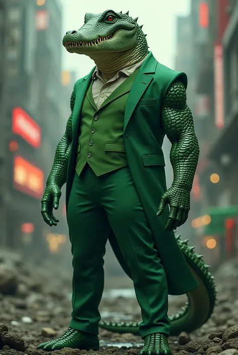 A crocodile with the body of a muscular man, dressed in a super stylish light green suit, in the middle of a destroyed city with neo lights in the background