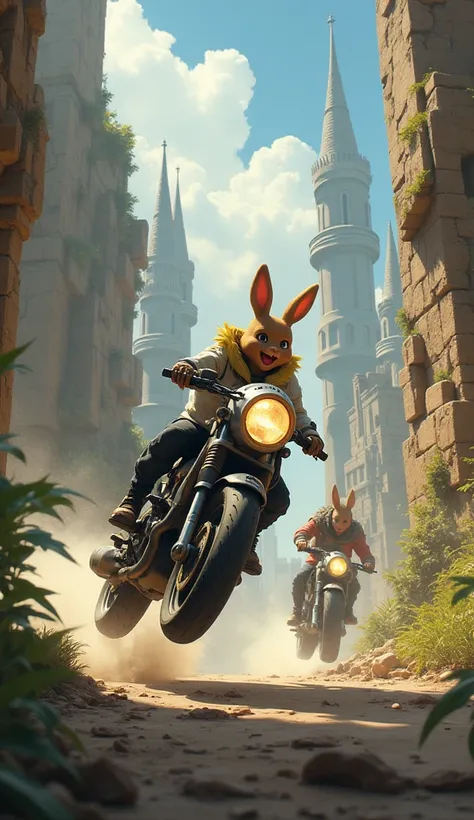 A high-speed chase through an ancient ruined city, with Zuri and Rayo the rabbit outmaneuvering hunters on hover bikes