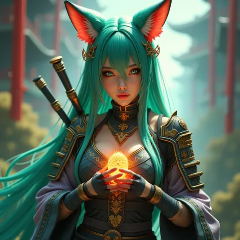 2 A beautiful,  attractive nine tailed fox goddess girl, a native Ainu facial features, wearing cyberpunk design samurai complete armor, straight long apple green hair, multi colored clothing color, (wearing a oriental Japanese ice cold color ainu clothing...