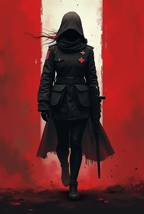 Make me a fascist poster with the red and white colors of Peru and the UR and play a young woman dressed as a soldier going to war dressed as a soldier Hasla younger,  that she is a 15-year-old girl but dressed as a fascist or Nazi but that it is black the...