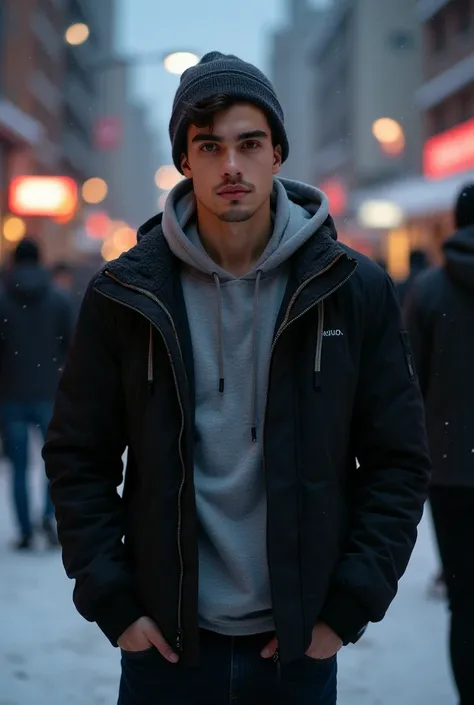  A 22-year-old male with an athletic build,  measures 1 ,80 m, cap, and brown eyes.  has thick eyelashes and eyebrows . full bodies. jeans negro,  basic shirt,  black jacket ,  winter . / dusk . people in the background. limelight. Closeup 