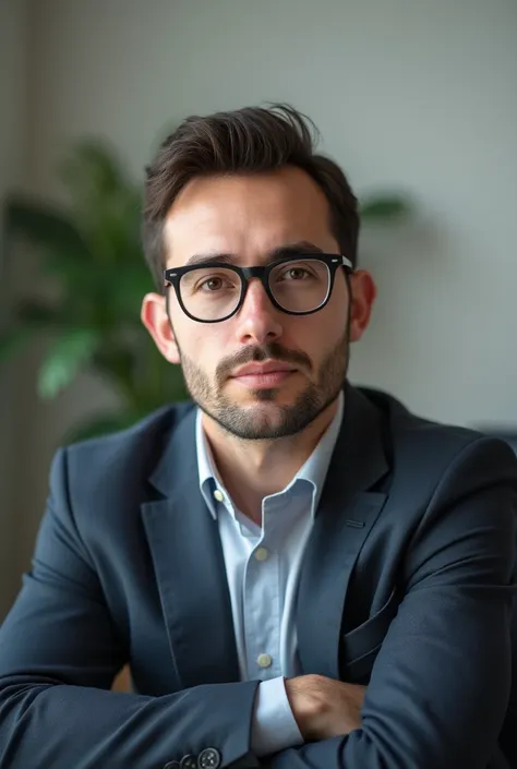 A complete real picture of a 34-year-old man single psychiatrist, of average height, with acceptable features, somewhat thin in body and looking somewhat young, wearing thin glasses, He showed his whole body sitting on his office 