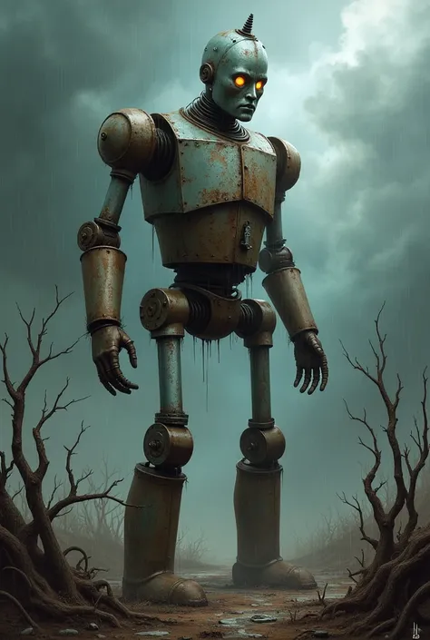 Tin man from wizard of oz but rusted and depressed in a storm