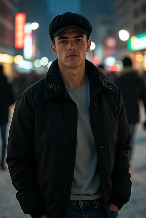  A 22-year-old male with an athletic build,  measures 1 ,80 m, cap, and brown eyes.  has thick eyelashes and eyebrows . full bodies. jeans negro,  basic shirt,  black jacket , cap negra,  winter . / dusk . people in the background. limelight. Closeup 