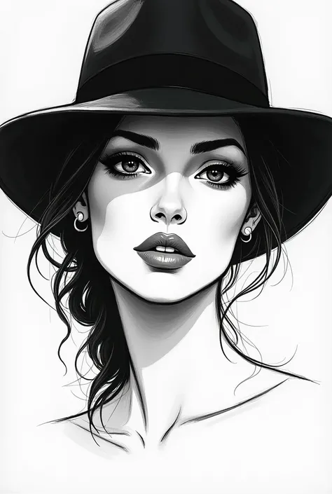 black and white beautiful woman face wearing hat sketch