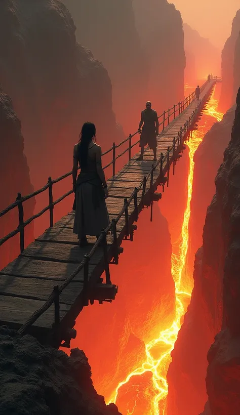 A dramatic standoff between Zuri and the lead hunter on a narrow bridge over a fiery lava river