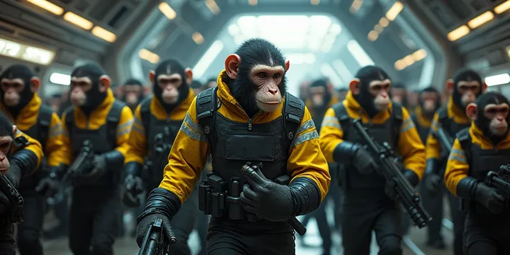 Lots of people - monkeys in black and yellow jumpsuits with machine guns in a spaceship