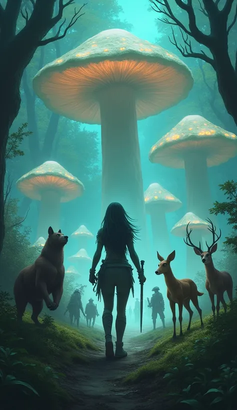 Zuri leading a diverse group of forest animals in an epic battle against mechanized hunters in a field of giant, glowing mushrooms