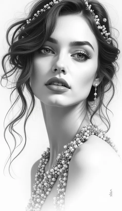 black and white beautiful woman face with pearls sketch