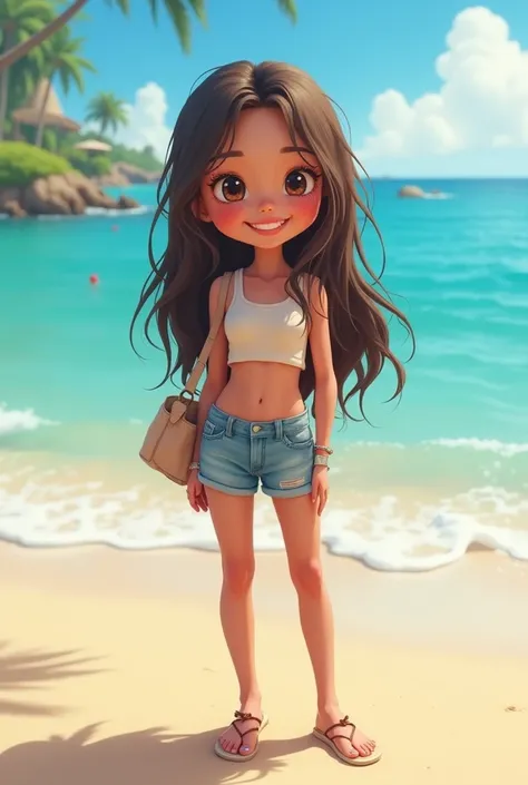 Extremely short teen girl friendly smile beautiful long hair cool summer outfit pink lips full body standing on the beach girl is extremely short stature Mädchen ist 1,20 cm groß 