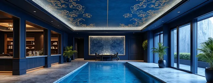 drawing dark blue with gold beautiful stretch ceiling in a beautiful cool renovation