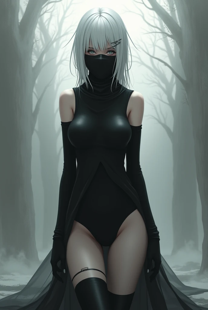 A female character wearing long black socks and gloves and with a cloth covering her entire face with white anime hair