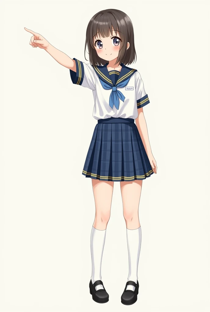  Generate a realistic drawing of a girl in uniform:  ploma skirt with blue squares and yellow lines , camisa blanca, and black shoes with white tights . With his left hand pointing  .
