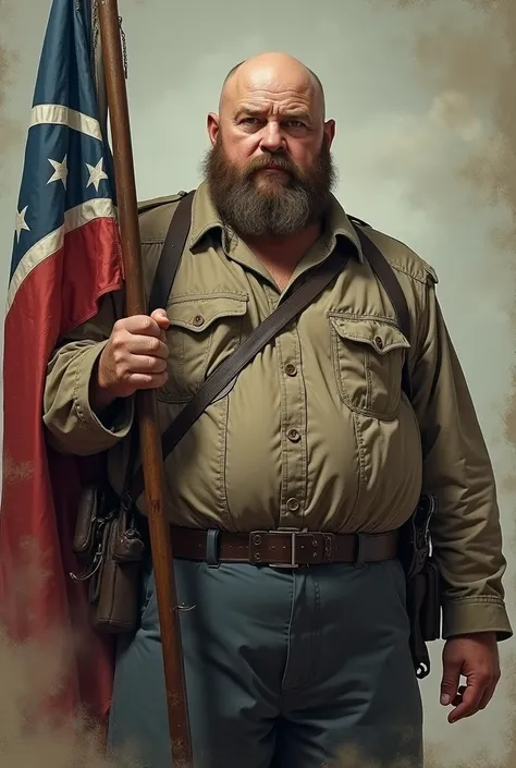 Rider in Confederate uniform , bald and obese ,  with Confederate flag in light blue and white