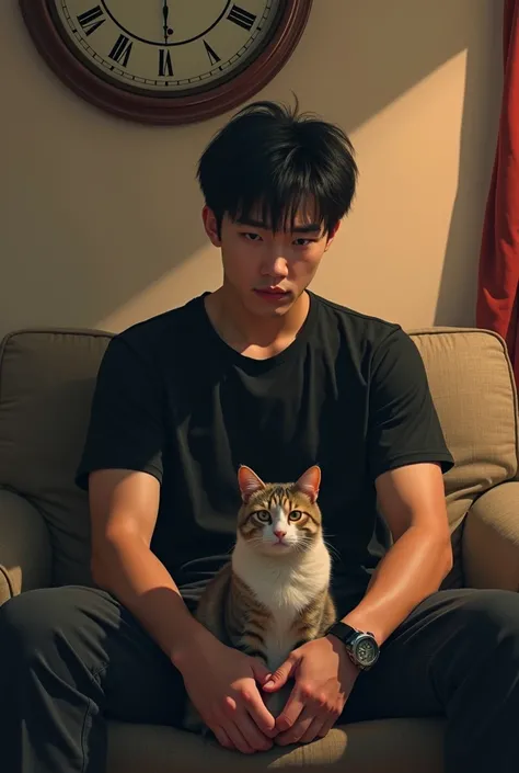 arafed man sitting on a couch with a cat in front of a clock, a picture inspired by Zhang Han, tumblr, realism, jinyoung shin, choi, kim doyoung, wonbin lee, he is wearing a black t-shirt, jinyoung shin aesthetic, handsome chad chin, siwoo kim, hsiao-ron, ...