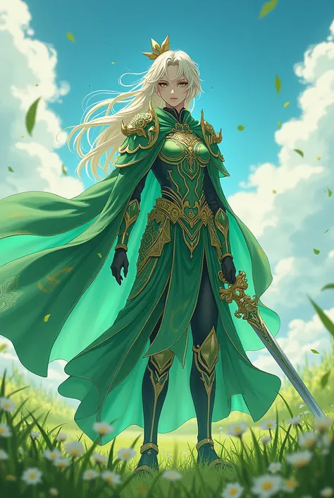 anime character with a sword and a sword in a field, the non-binary deity of spring, shadowverse style, intricate iridescent opal armor, in opal armor, in dazzle camouflaged robes, official art, official artwork, ( ( god king of ai art ) ), [ tarot card ]!...