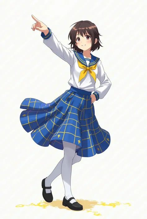 A girl in uniform:  full skirt with blue squares and yellow lines, camisa blanca, and black shoes with white tights . With his left hand pointing  .