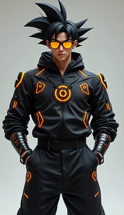 Create a futuristic Goku of dragon Ball with short, spiky black hair and wearing reflective golden sunglasses. He has a sleek, black jacket featuring glowing orange lights and digital, holographic designs on the chest and sleeves. The characters arms are a...