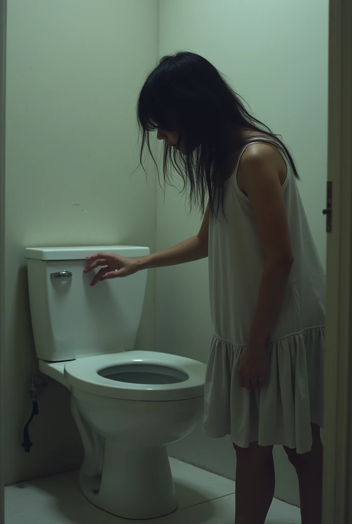 Woman touching her toilet